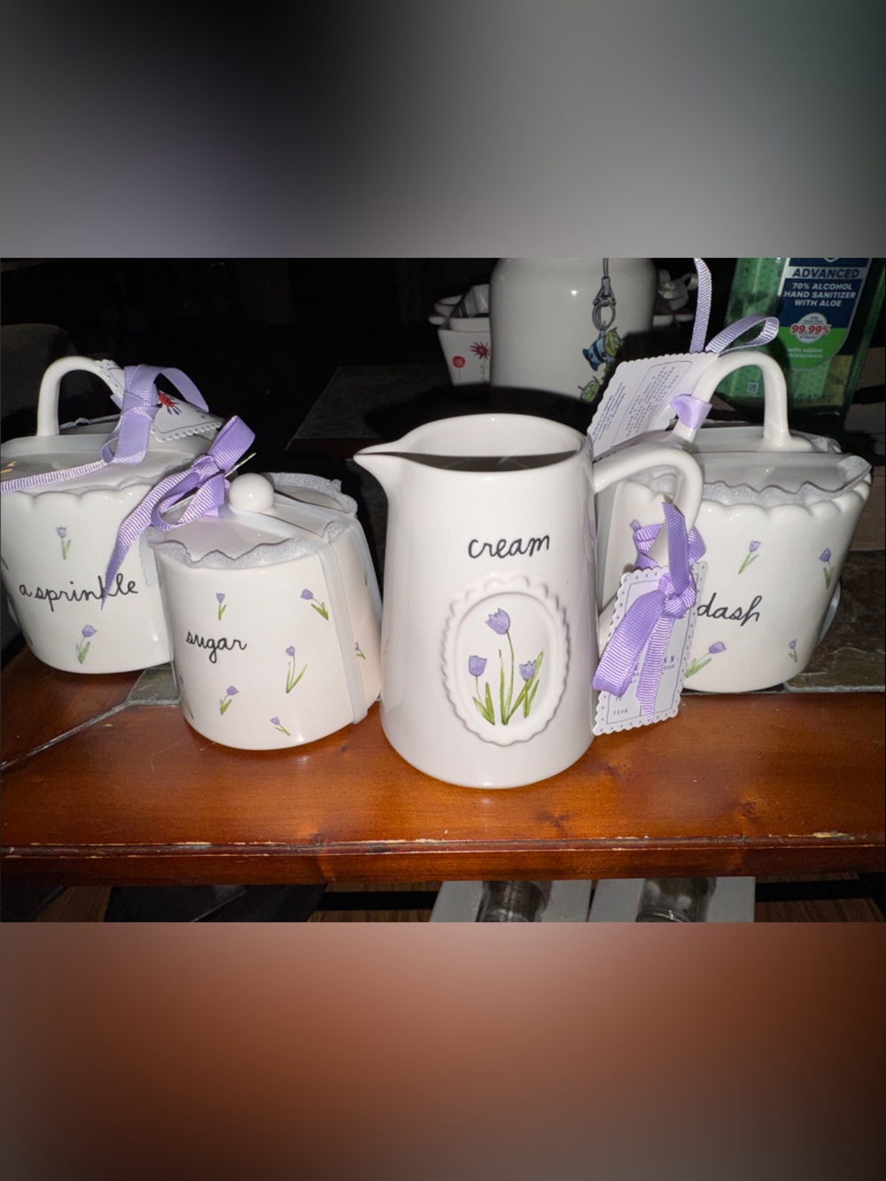 Rae Dunn Creamer & Canister Set in White with Purple Floral Accents